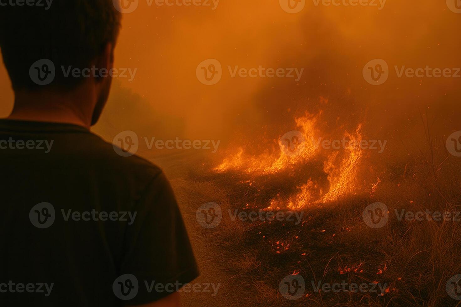 A man stands at the edge of a wildfire, watching flames advance along a smoky hillside trail. Great for use in environmental journalism, climate awareness projects, and crisis visuals. photo