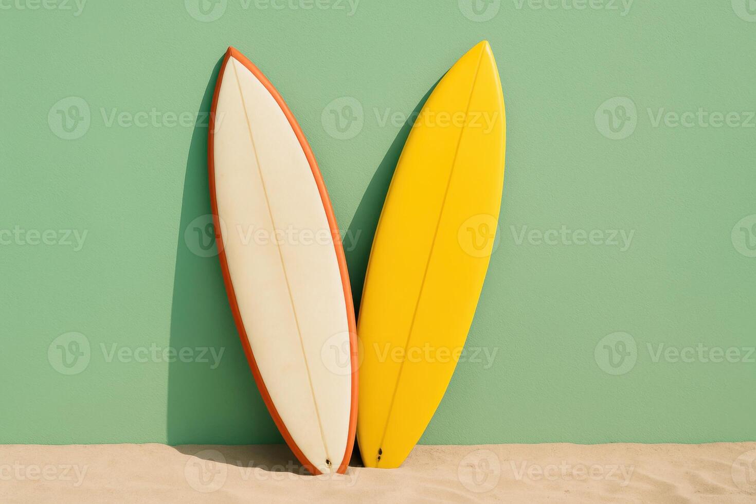 Two colorful surfboards stand against a pastel green wall on sunlit sand. A bold minimalist scene ideal for vacation themes, surf culture visuals, and creative summer content photo