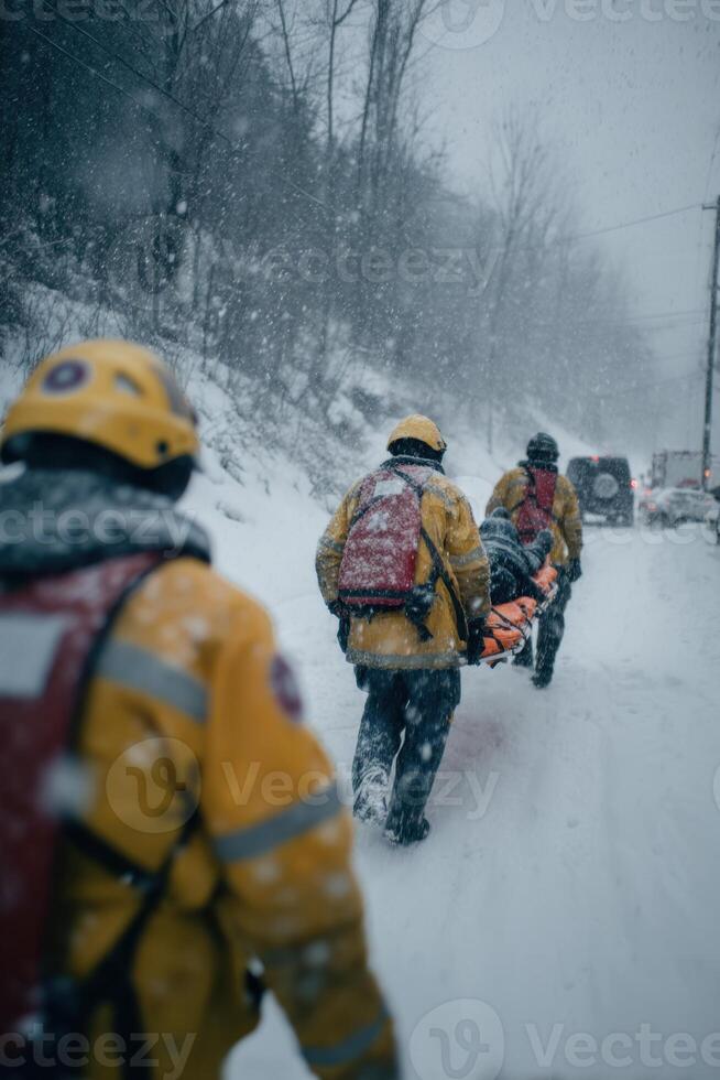 A team of emergency rescuers carries an injured person on a stretcher through a snow-covered rural forest road. Captures teamwork, survival, and response to extreme winter emergencies. photo