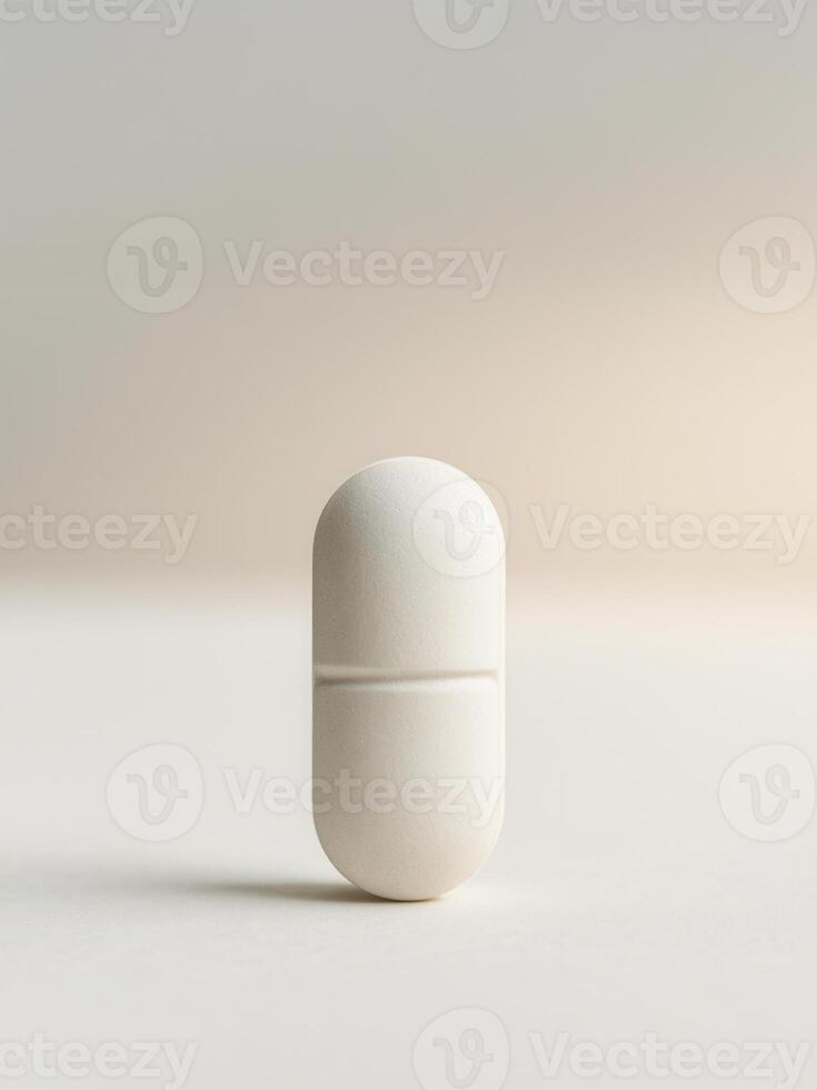 Minimalist image of a single white pill standing upright on a soft, light background. Great for health industry designs, supplement packaging, or pharmaceutical branding visuals. photo