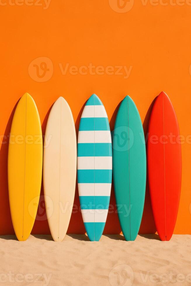 Colorful surfboards in a minimalist style lined up against an orange wall with sand in the foreground. Great for summer themes, beach ads, surf lifestyle, or tropical travel content photo