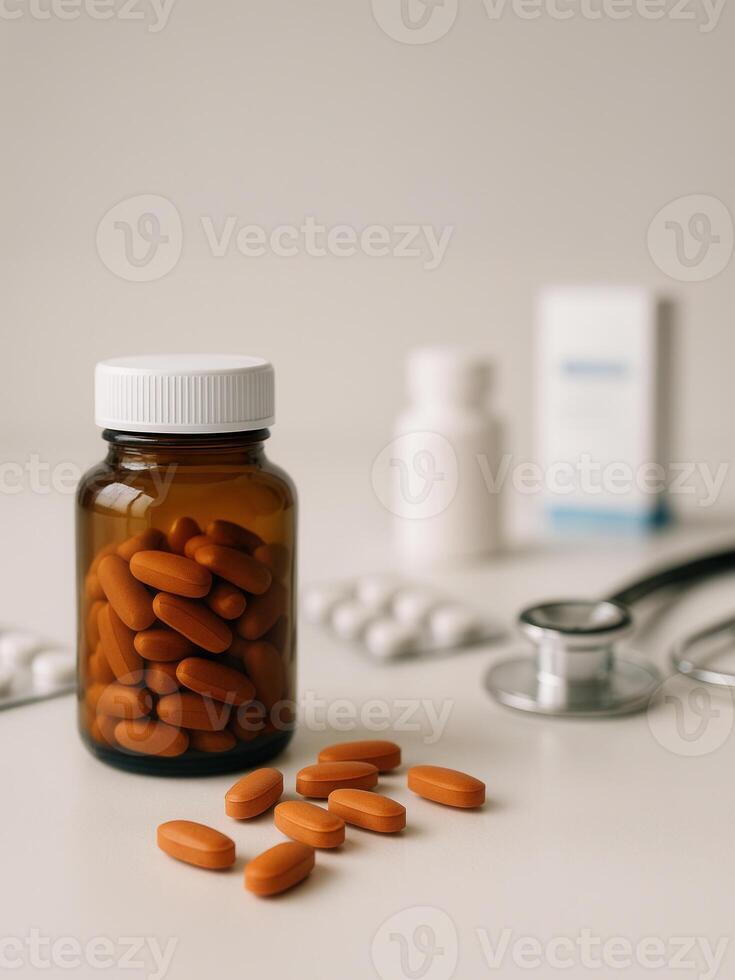 Orange tablets spilling from a brown glass medicine bottle with medical tools and blurred pharmaceutical items in the background. Perfect for health, pharmacy, or supplement-related visuals photo