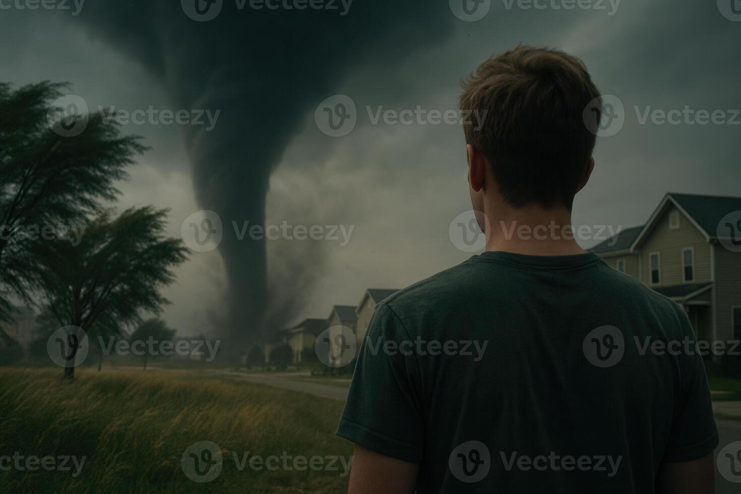 A man stands frozen as a dark tornado spins toward a peaceful suburban street. Ideal for emergency awareness, climate crisis storytelling, and disaster preparedness campaigns. photo