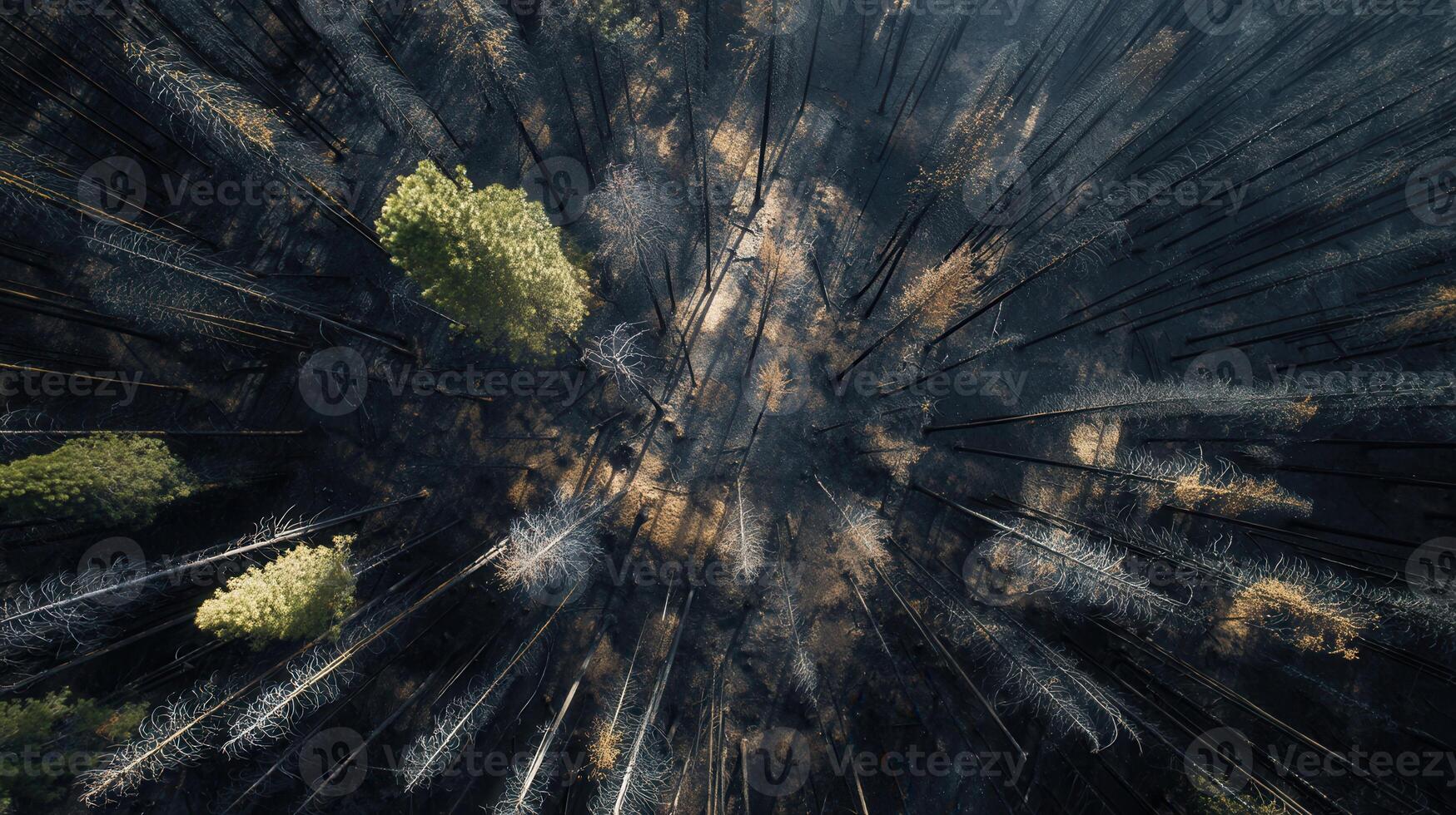 Aerial perspective of a charred forest after wildfire with a few green trees still standing. Great for topics like climate change, nature recovery, and environmental impact visuals. photo