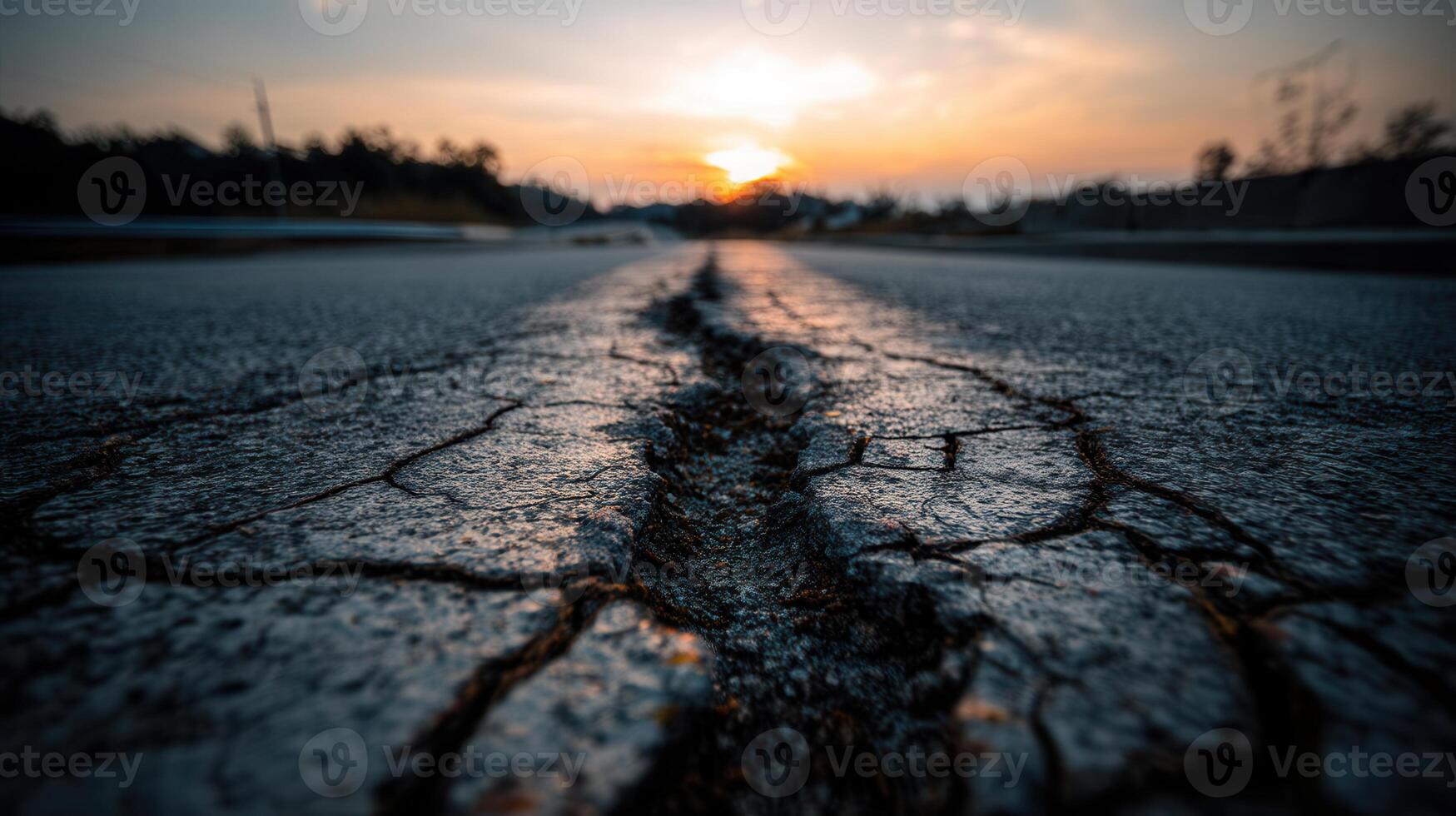 A cracked asphalt road surface with a deep fracture leading toward a glowing sunset. Perfect for themes on seismic risk, infrastructure vulnerability, or extreme weather effects. photo