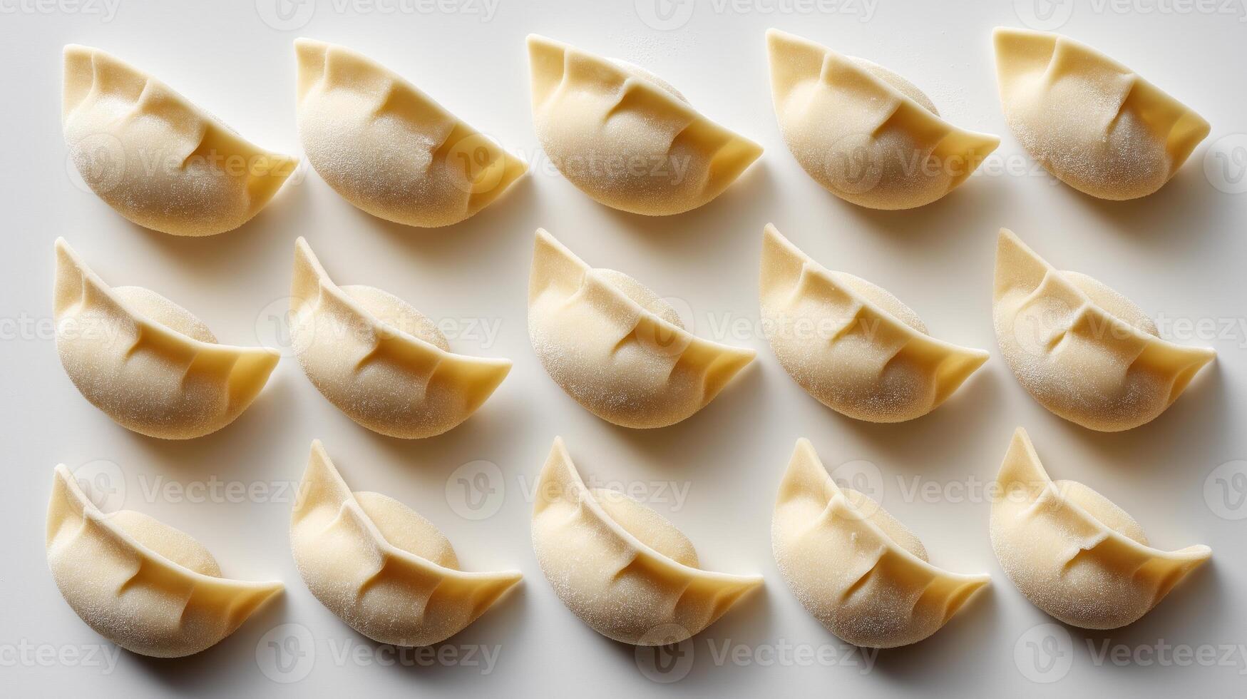 Top Down View of Raw Dumplings Evenly Arranged on White Background photo