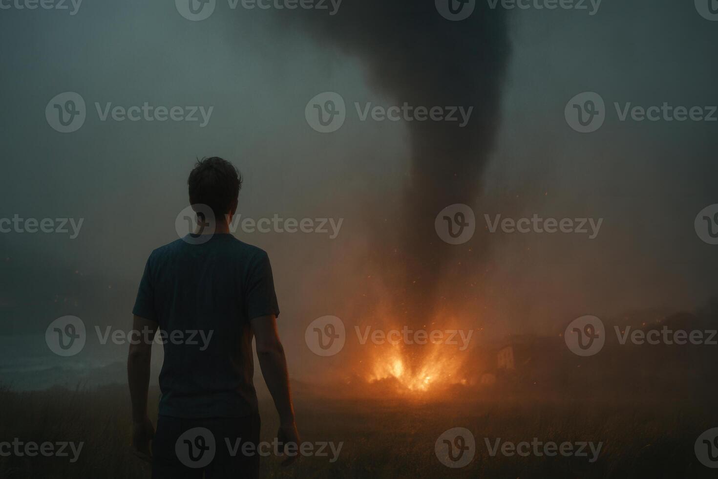 Dramatic visual of a man confronting a fiery tornado amidst dark storm clouds, highlighting danger and urgency. Perfect for climate change awareness, disaster preparedness, or cinematic storytelling. photo