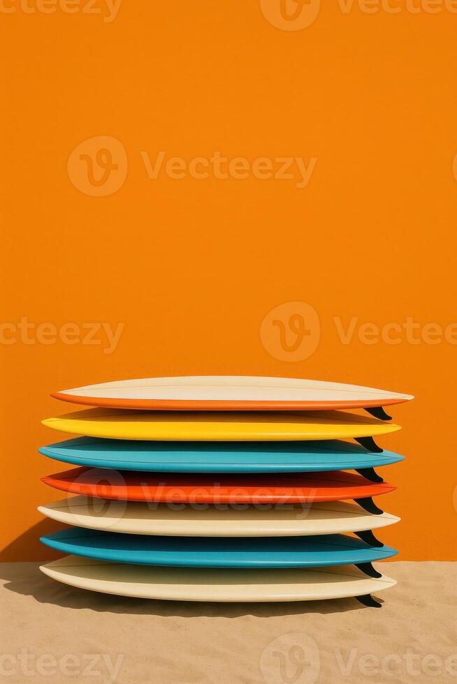 A stack of colorful surfboards leaning against a bright orange wall on sandy ground. Perfect for summer visuals, surf culture, vacation concepts, and eye-catching lifestyle content photo
