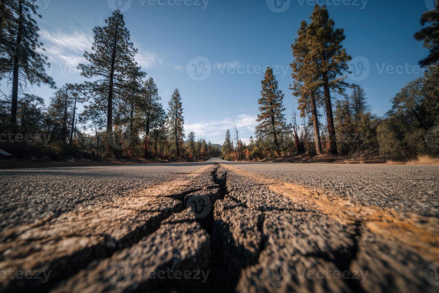 A large crack runs through a rural road surrounded by tall pine trees under a clear blue sky. Perfect for use in topics related to earthquakes, natural disasters, and environmental concerns. photo