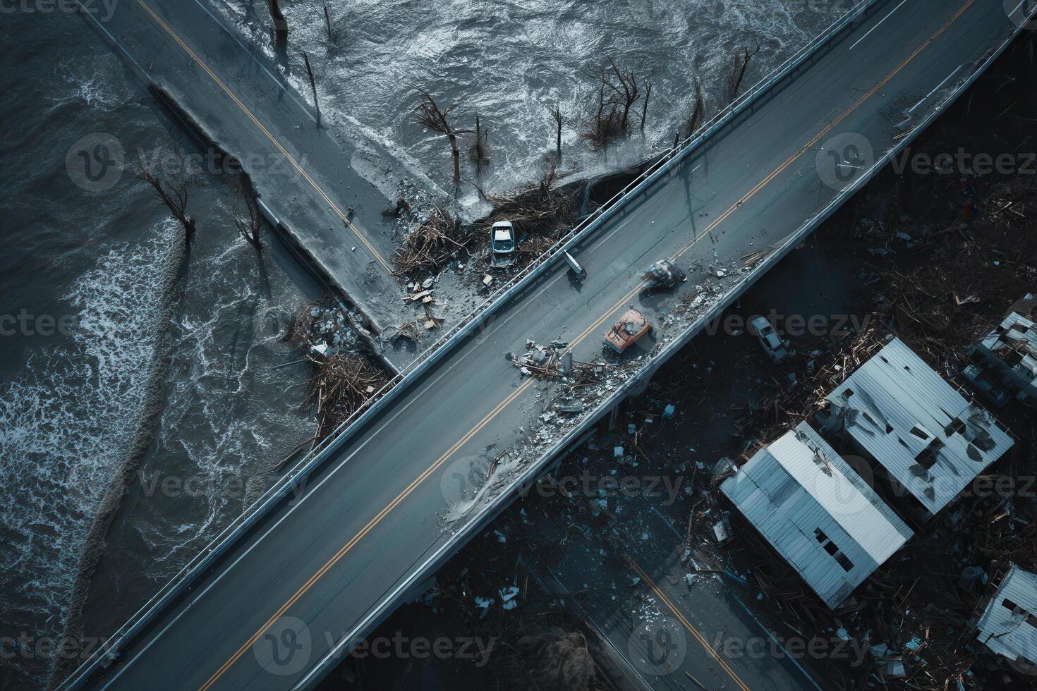 Drone image showing a destroyed coastal highway and storm-damaged area. Debris, submerged roads, and flooding reflect the impact of severe weather and environmental disaster. photo