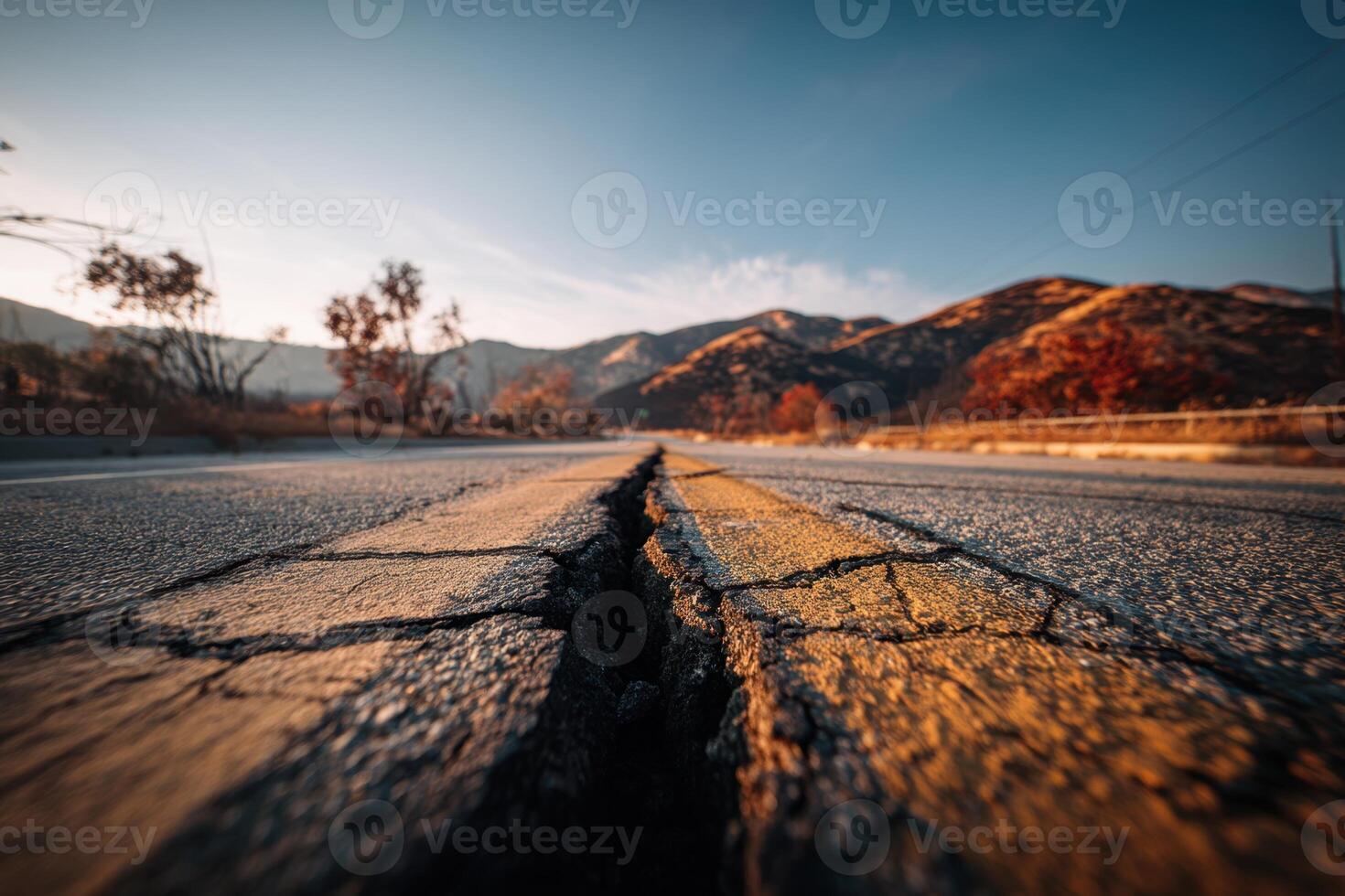 Cracked asphalt road in a desert mountain setting during sunset. Excellent for illustrating climate challenges, rural infrastructure decay, or symbolic visual metaphors of division and transition. photo