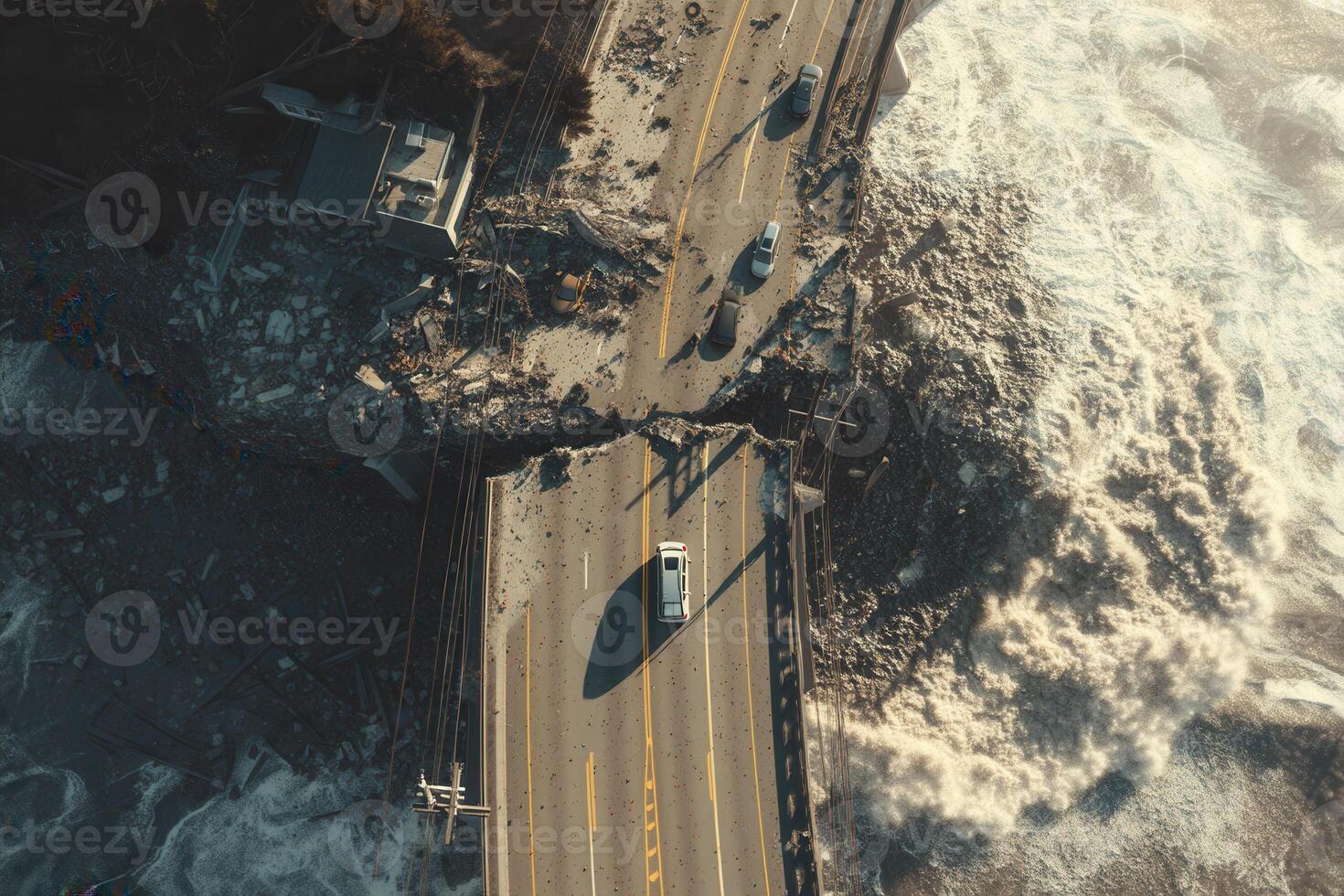 Aerial image of a collapsed highway over crashing ocean waves. Broken infrastructure, stranded vehicles, and debris reflect the power of natural disasters and the vulnerability of coastal regions. photo