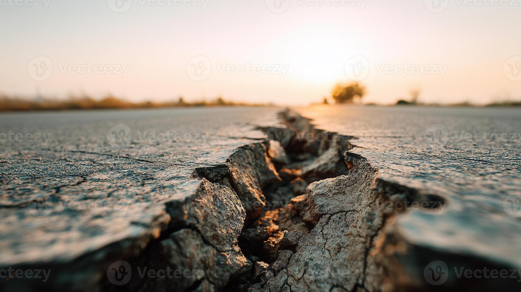 A cracked asphalt road under the golden sunset light, showing deep surface fractures. Great for themes on natural disasters, earthquake aftermath, and infrastructure vulnerability. photo