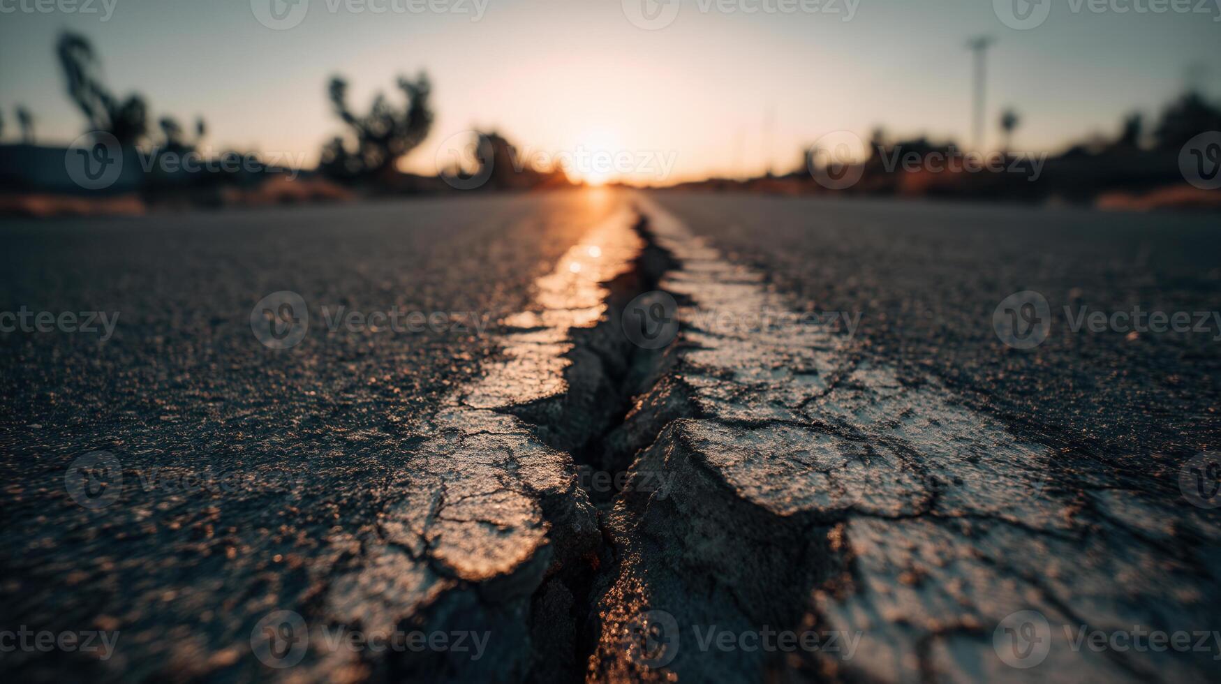 A cracked asphalt road stretches into the distance under sunset light, symbolizing destruction, change, and resilience. Great for environmental, infrastructure, or seismic visuals. photo