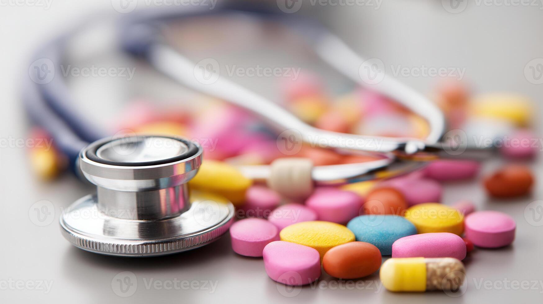A stethoscope resting among vibrant pills and capsules on a grey surface. Excellent for themes related to medical treatment, pharmaceuticals, patient care, and health industry visuals photo