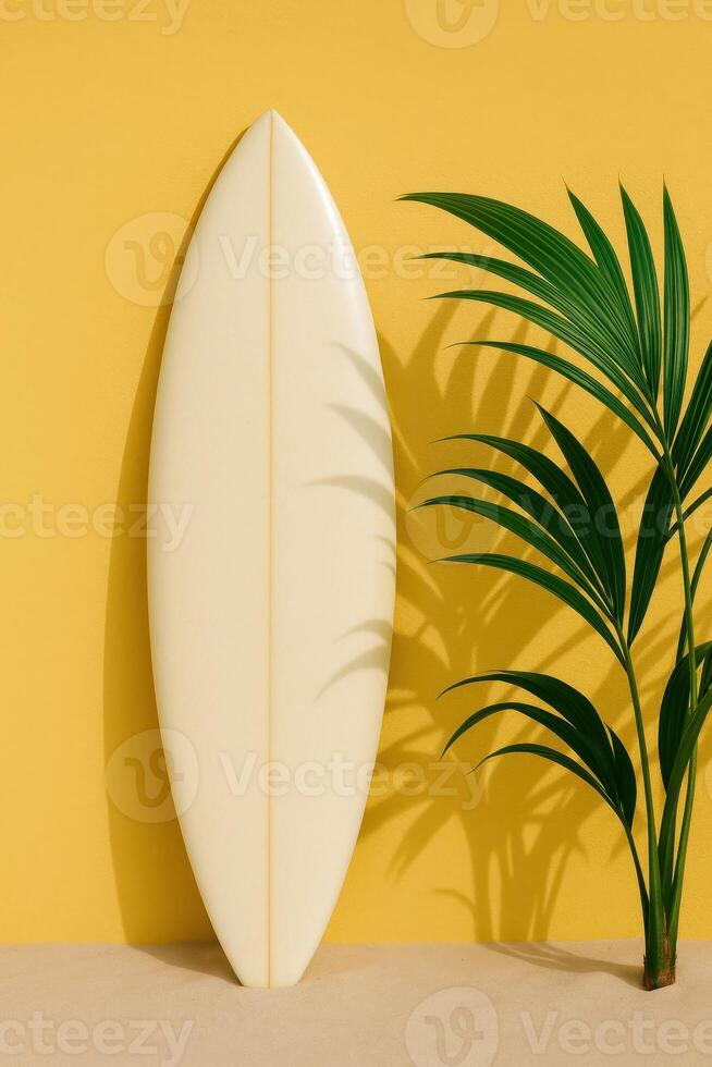 Cream surfboard and tropical plant create a minimalist beach vibe with yellow wall and sand. Great for summer lifestyle concepts, vacation promotions, and tropical-themed visuals photo
