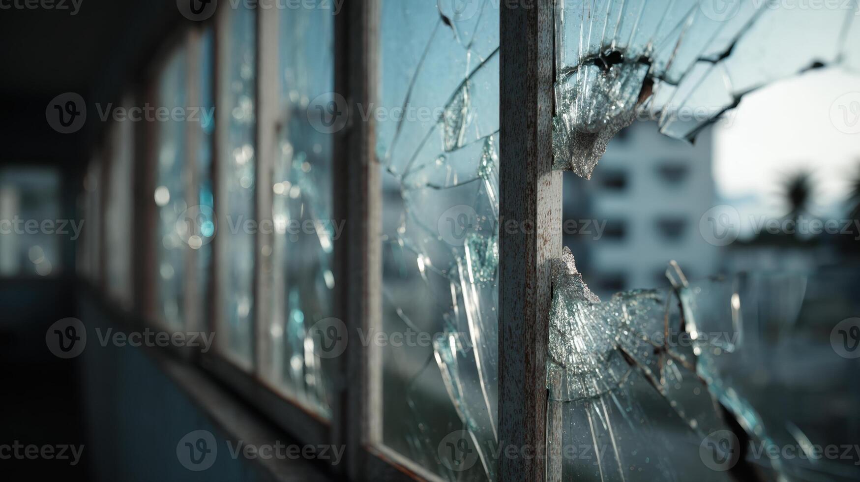 Shattered glass in a broken window of an abandoned building with a blurred city in the background. A detailed and dramatic image for themes of damage, conflict, or urban decay. photo