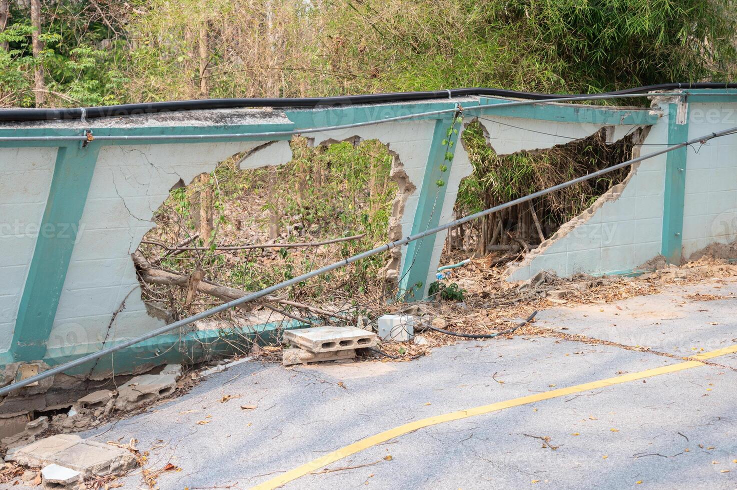 The wall collapse due to an earthquake in Chiang Rai province of Thailand. photo