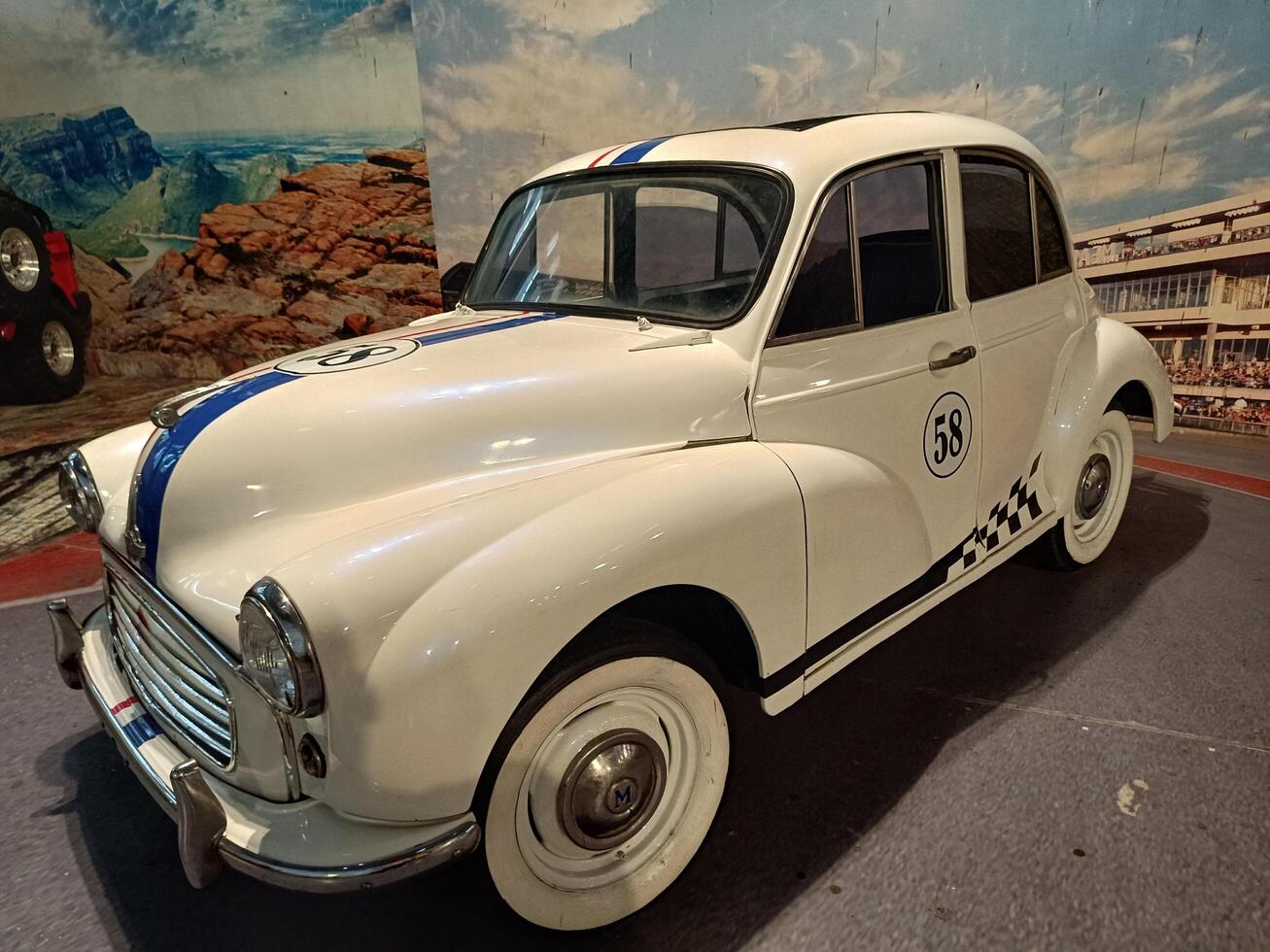 solo, central java - indonesia, april 22, 2025, Classic White Mini Cooper Race Car Vintage Auto Photography photo