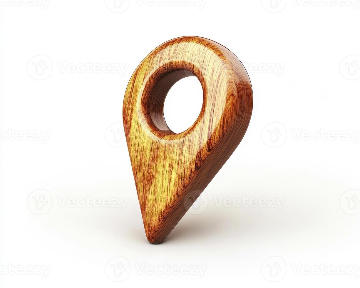 Wooden Map Pointer Standing on White Background Location and Navigation Concept photo
