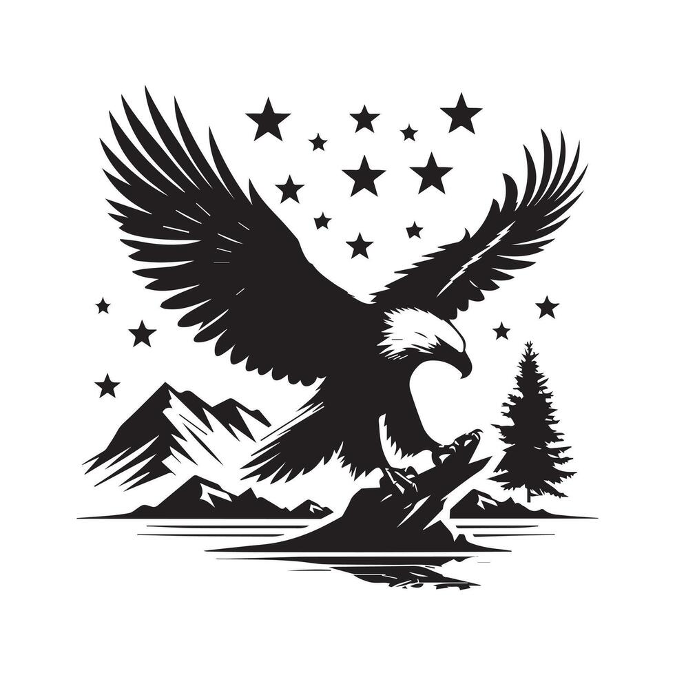 Eagle Silhouette with Stars and Mountains vector