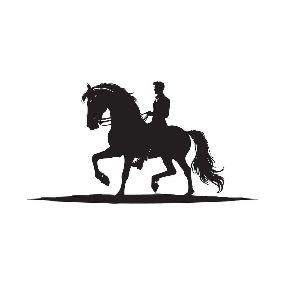 A silhouette of a man riding a horse with flowing mane and tail on a white background vector