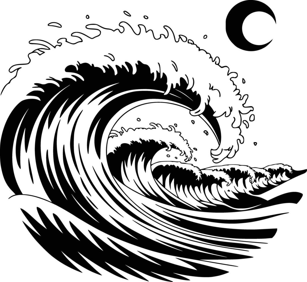Black and white illustrations of a ocean wave, isolated on white background. vector