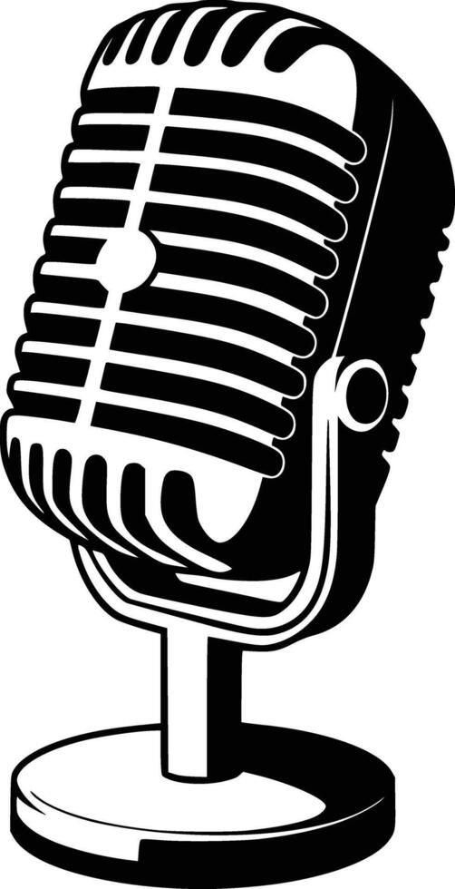 Black and white bold illustrations of a vintage microphone, isolated on white background. vector