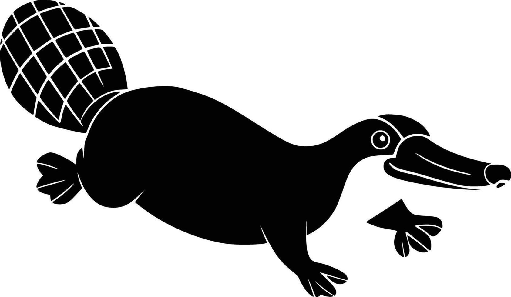 Black and white bold illustrations of a platypus swimming, isolated on white background. vector