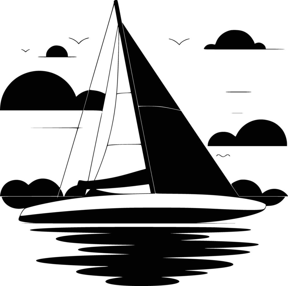 Black and white bold illustrations of a sailboat in bay, isolated on white background. vector