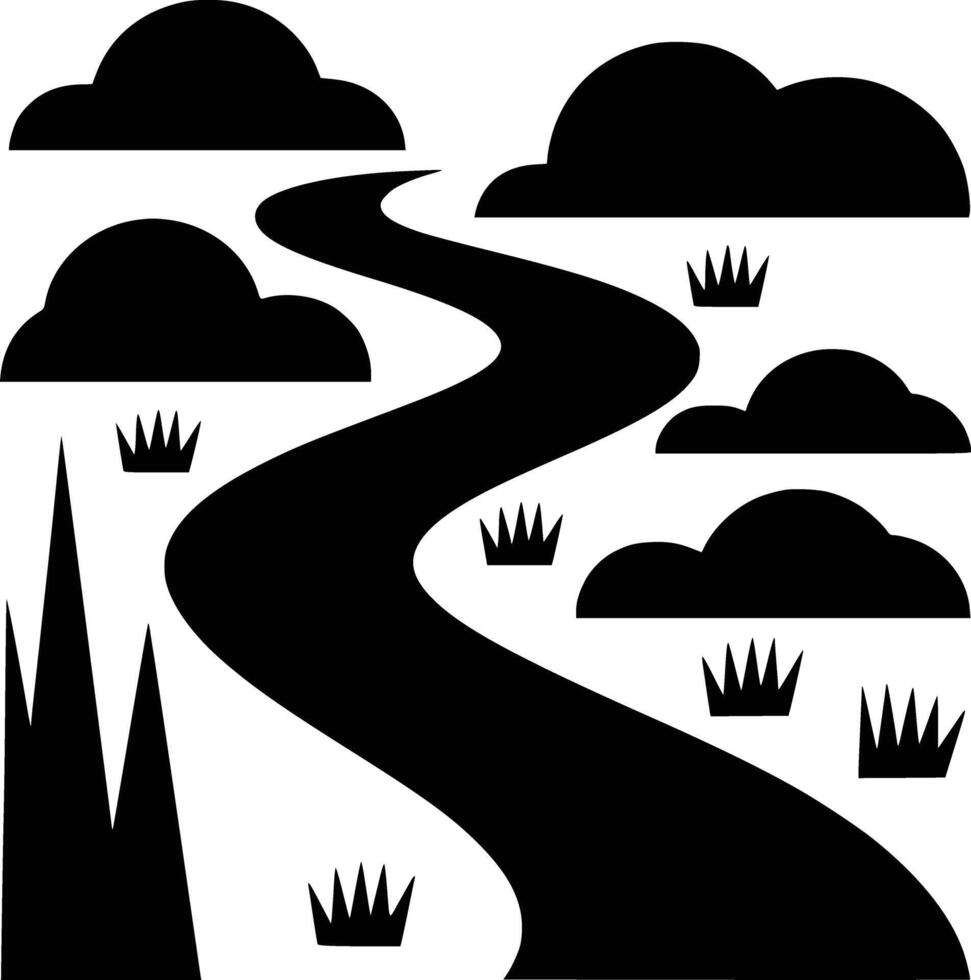 Black and white bold illustrations of a river flowing, isolated on white background. vector