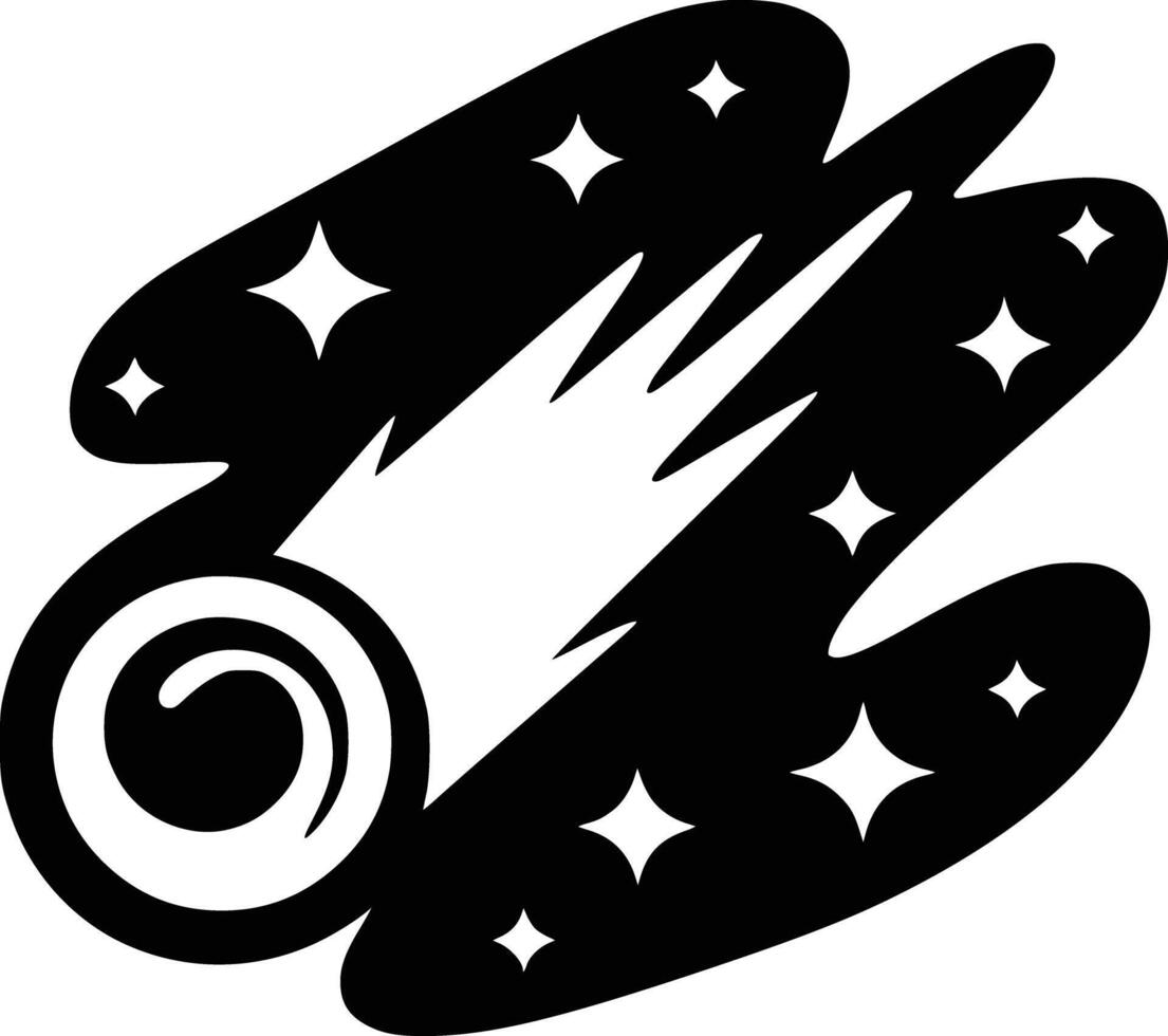 Black and white bold illustrations of a comet in night sky, isolated on white background. vector