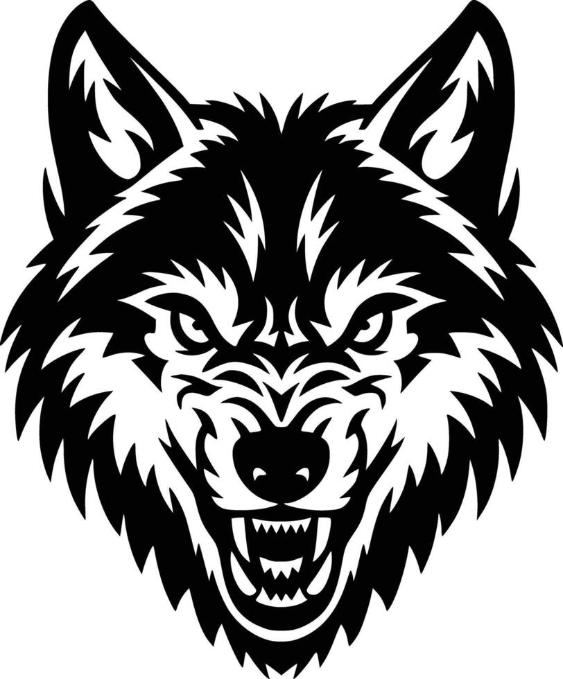 Black and white bold illustrations of a fierce wolf, isolated on white background. vector