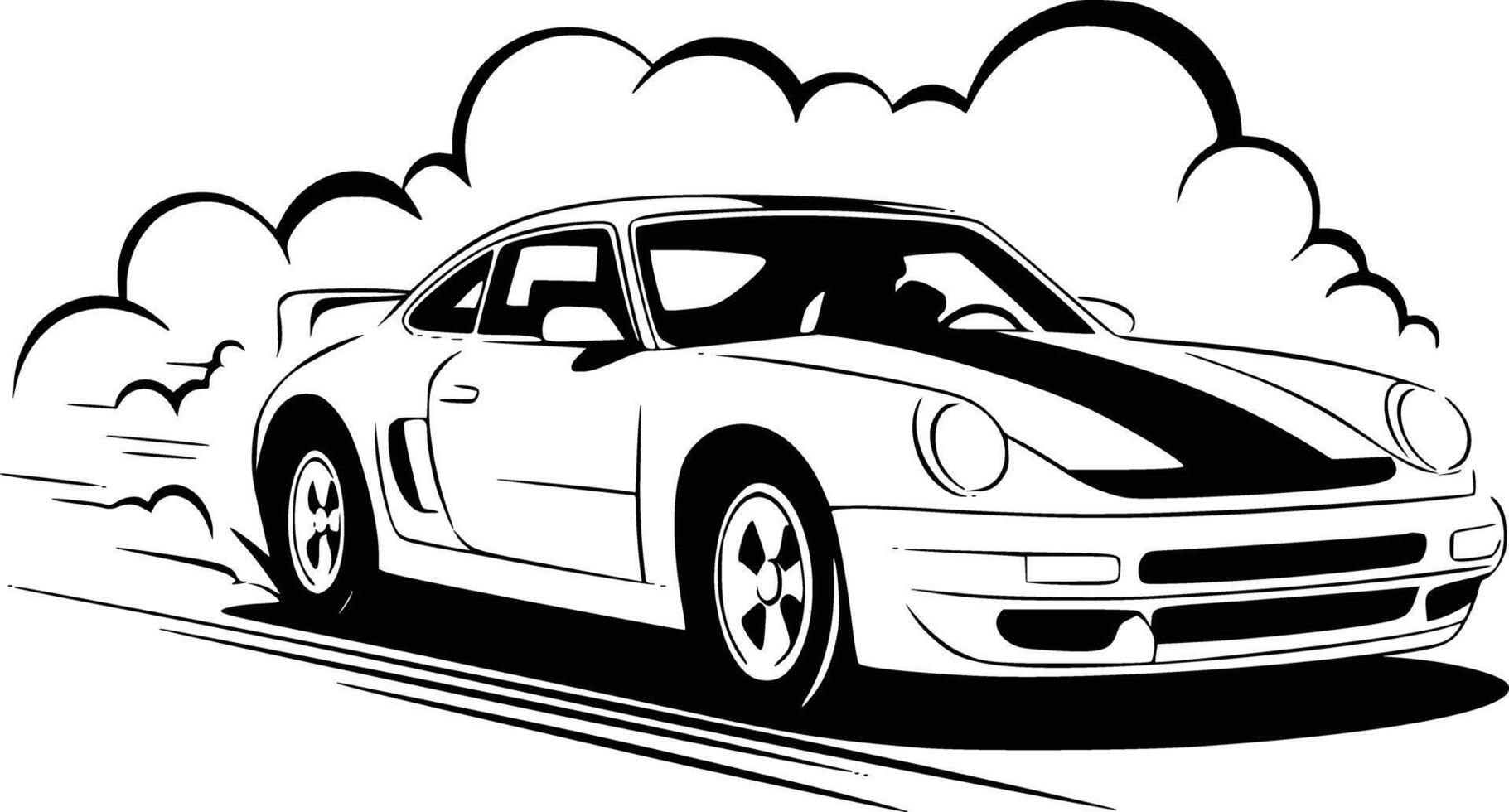 Black and white bold illustrations of a speeding car, isolated on white background. vector
