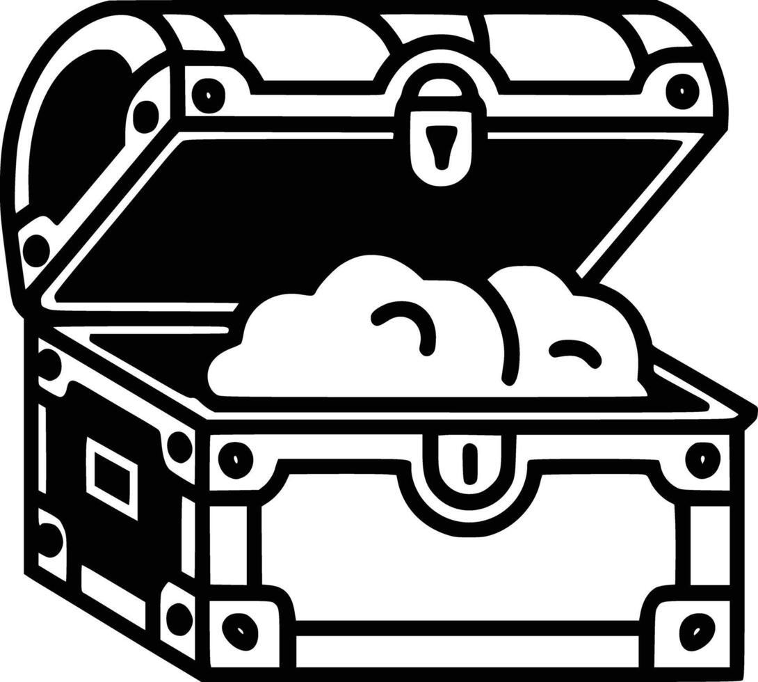 Black and white bold illustrations of a open treasure chest, isolated on white background. vector