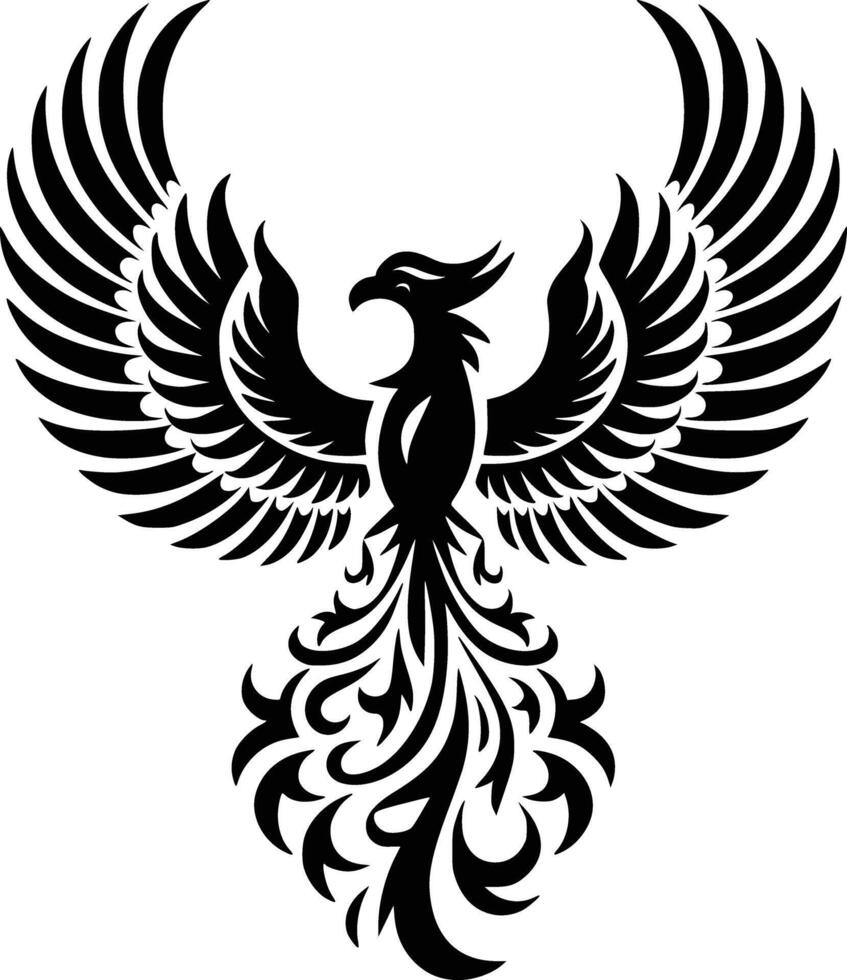 Black and white bold illustrations of a phoenix rising, isolated on white background. vector