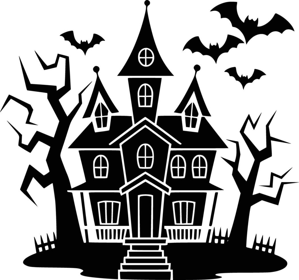 Black and white bold illustrations of a haunted house, isolated on white background. vector