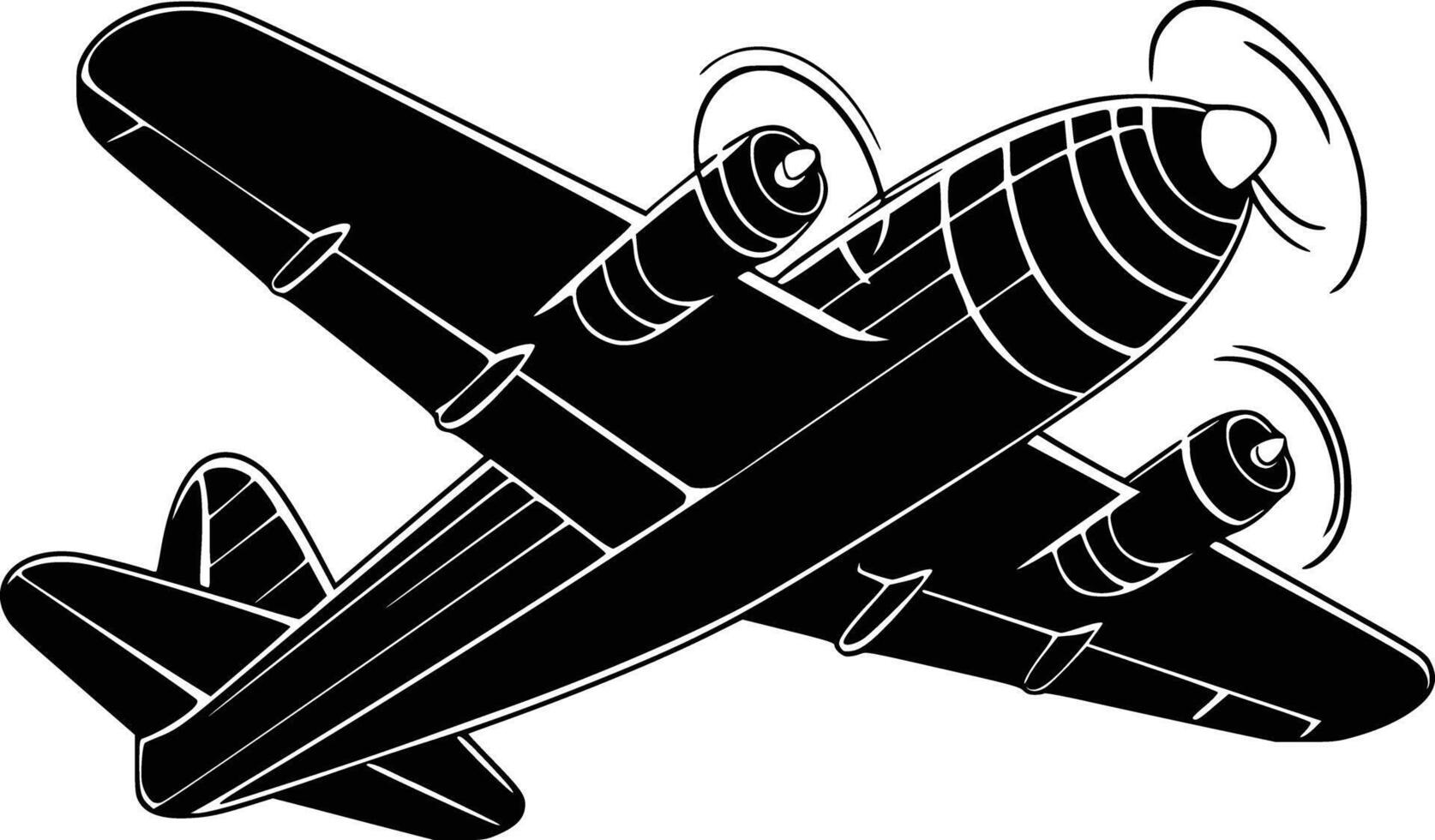 Black and white bold illustrations of a flying airplane, isolated on white background. vector