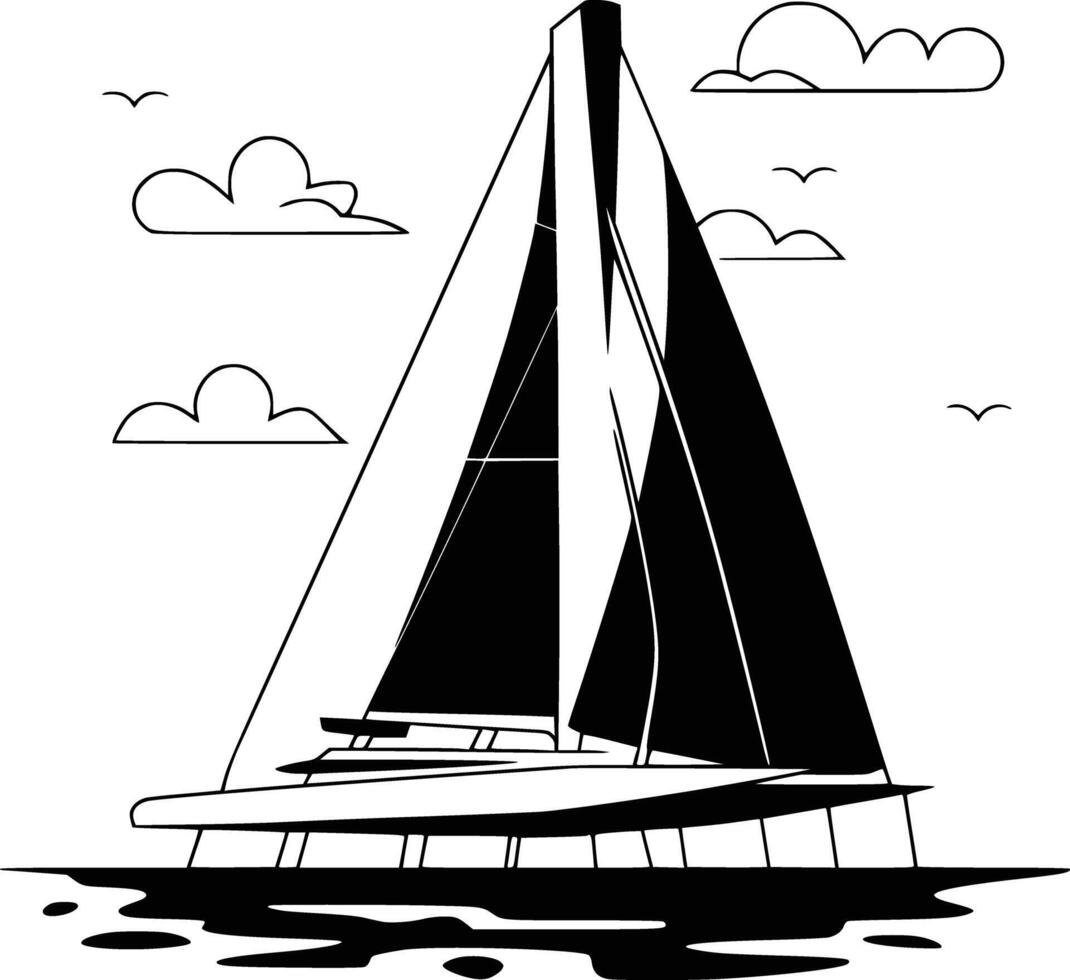 Black and white bold illustrations of a sailing yacht, isolated on white background. vector