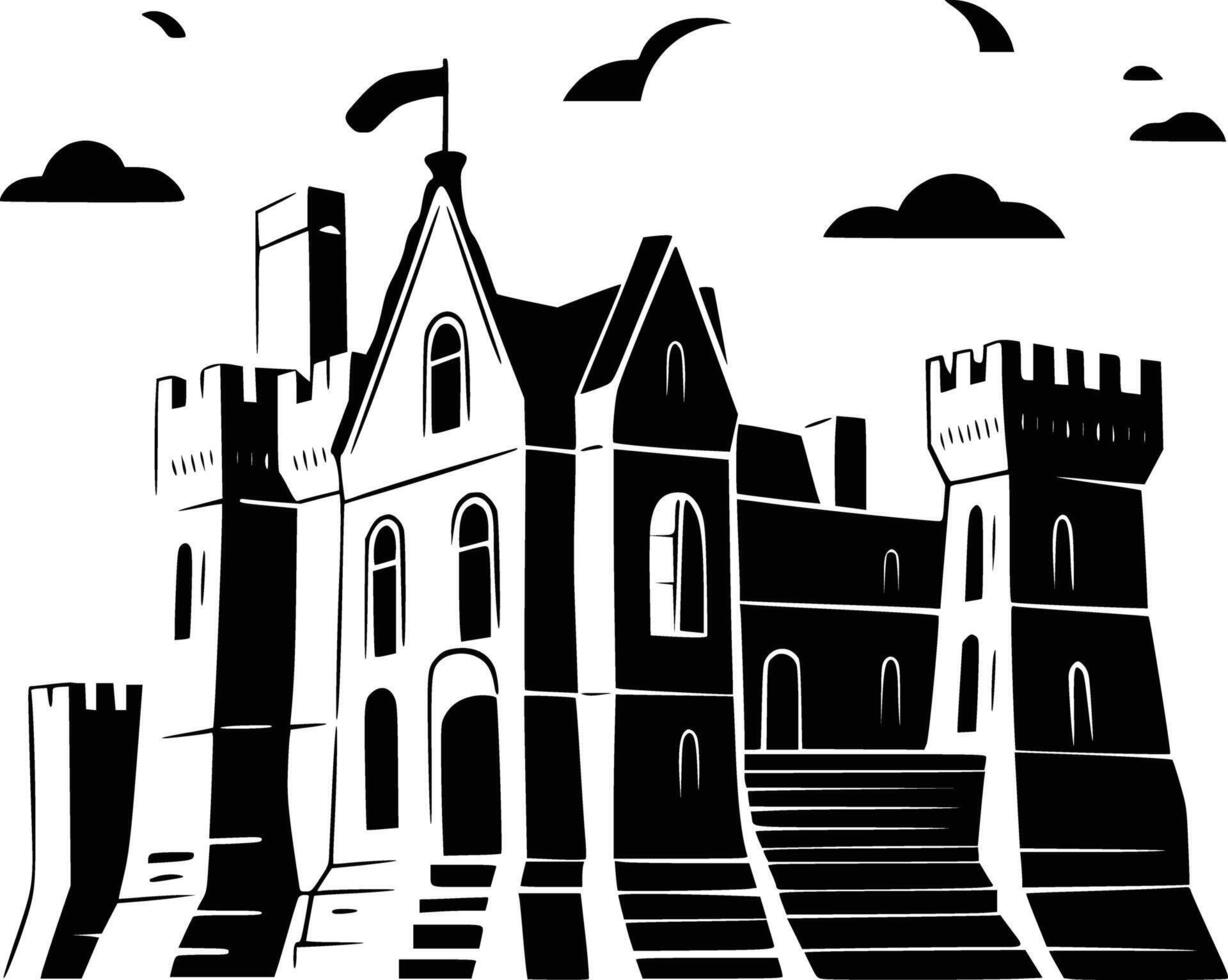 Black and white bold illustrations of a ancient castle, isolated on white background. vector