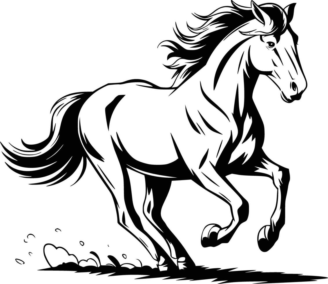 Black and white bold illustrations of a running horse, isolated on white background. vector