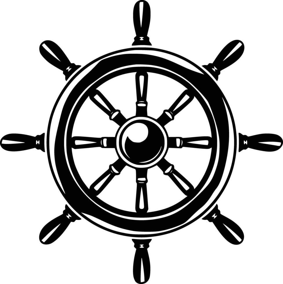 Black and white bold illustrations of a pirate ship wheel, isolated on white background. vector