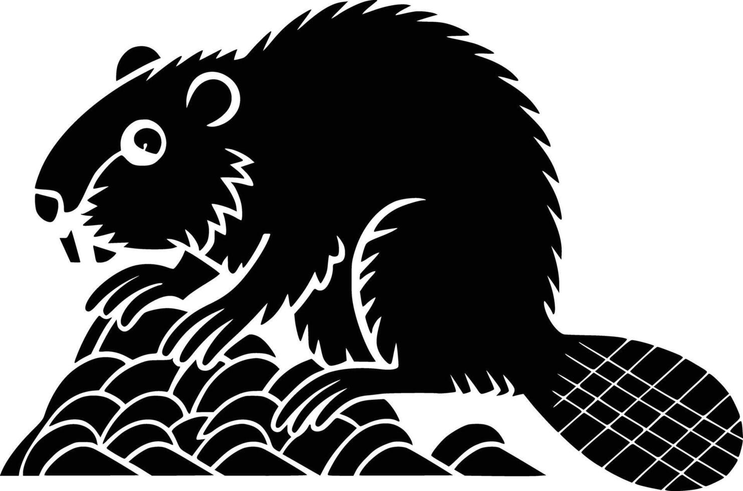 Black and white bold illustrations of a beaver building dam, isolated on white background. vector
