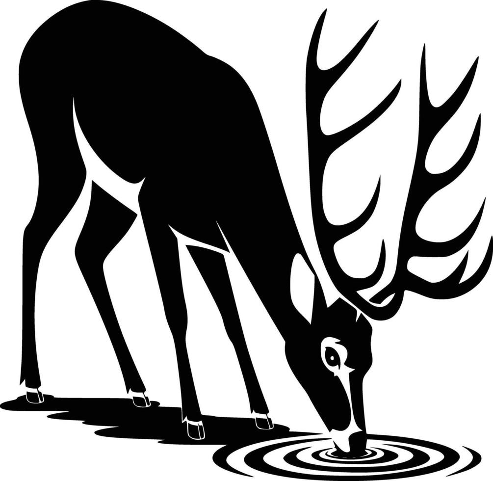 Black and white bold illustrations of a deer drinking water, isolated on white background. vector