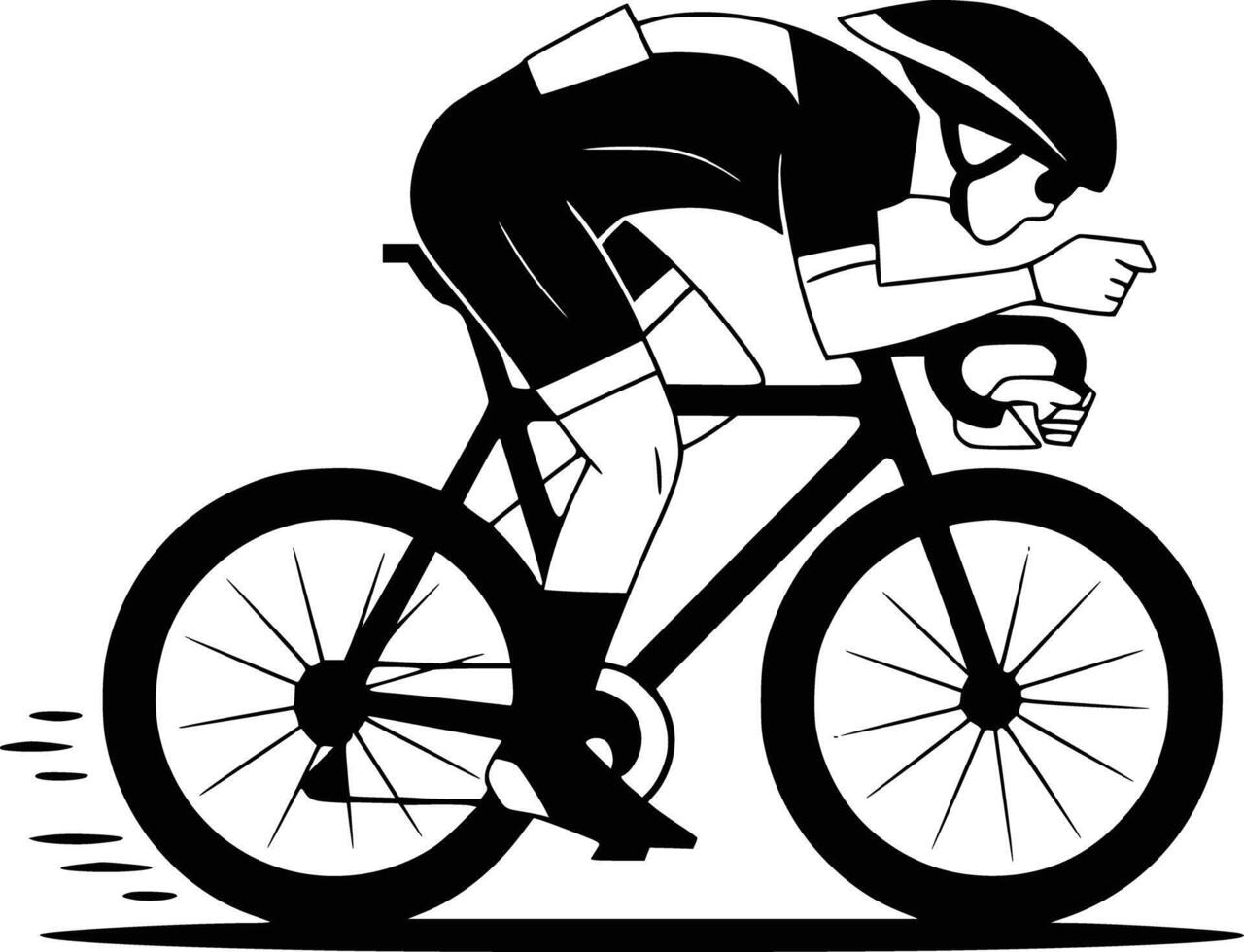 Black and white bold illustrations of a cyclist racing, isolated on white background. vector
