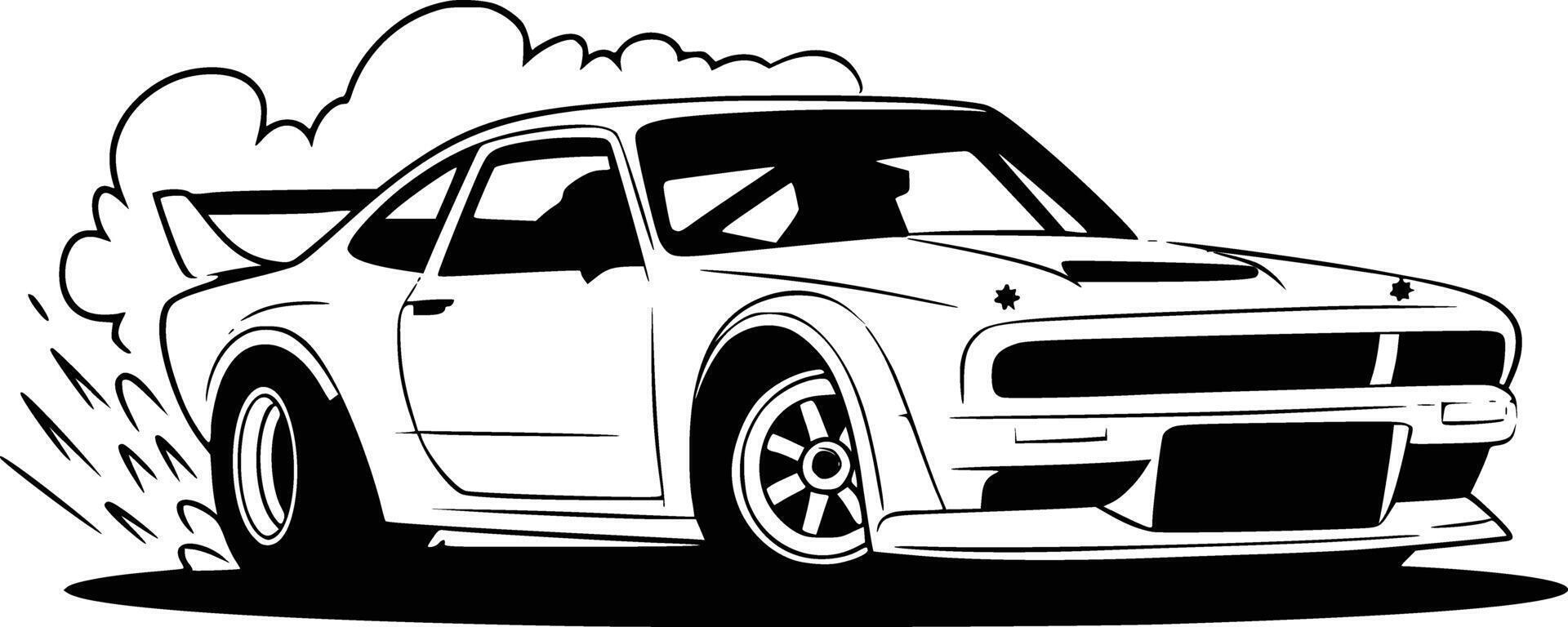 Black and white bold illustrations of a race car drifting, isolated on white background. vector