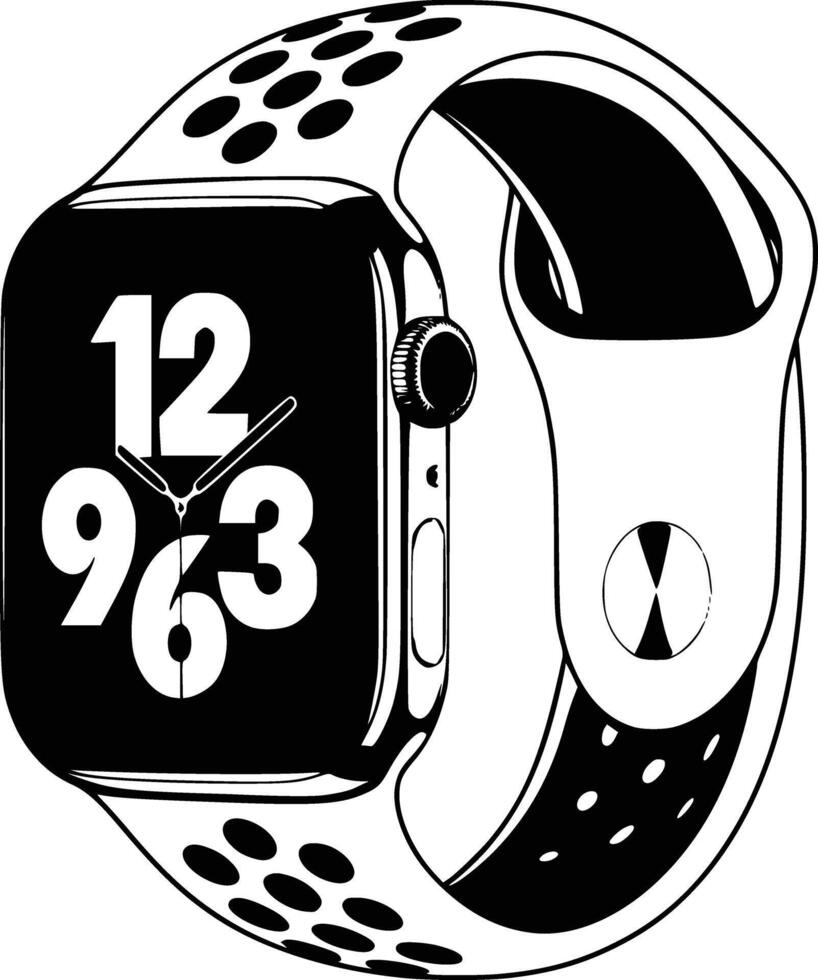 Black and white bold illustrations of a smartwatch fitness tracker, isolated on white background. vector