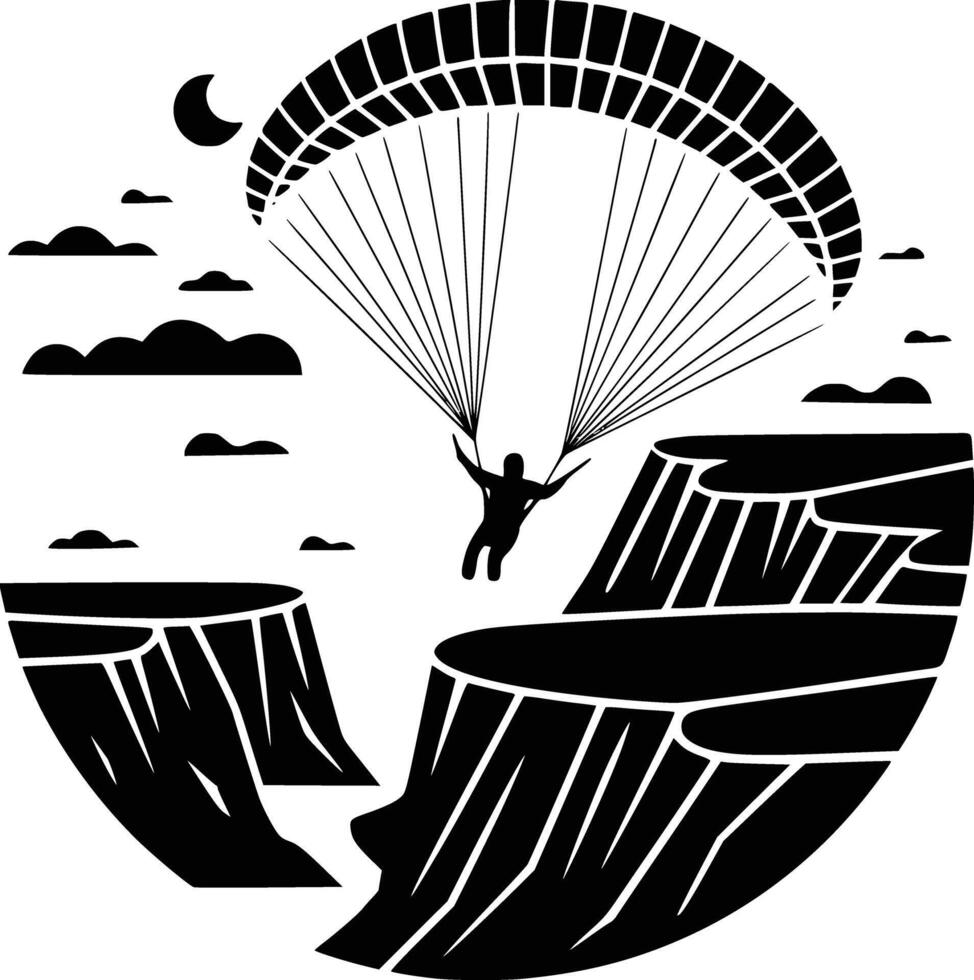 Black and white bold illustrations of a paraglider over cliffs, isolated on white background. vector