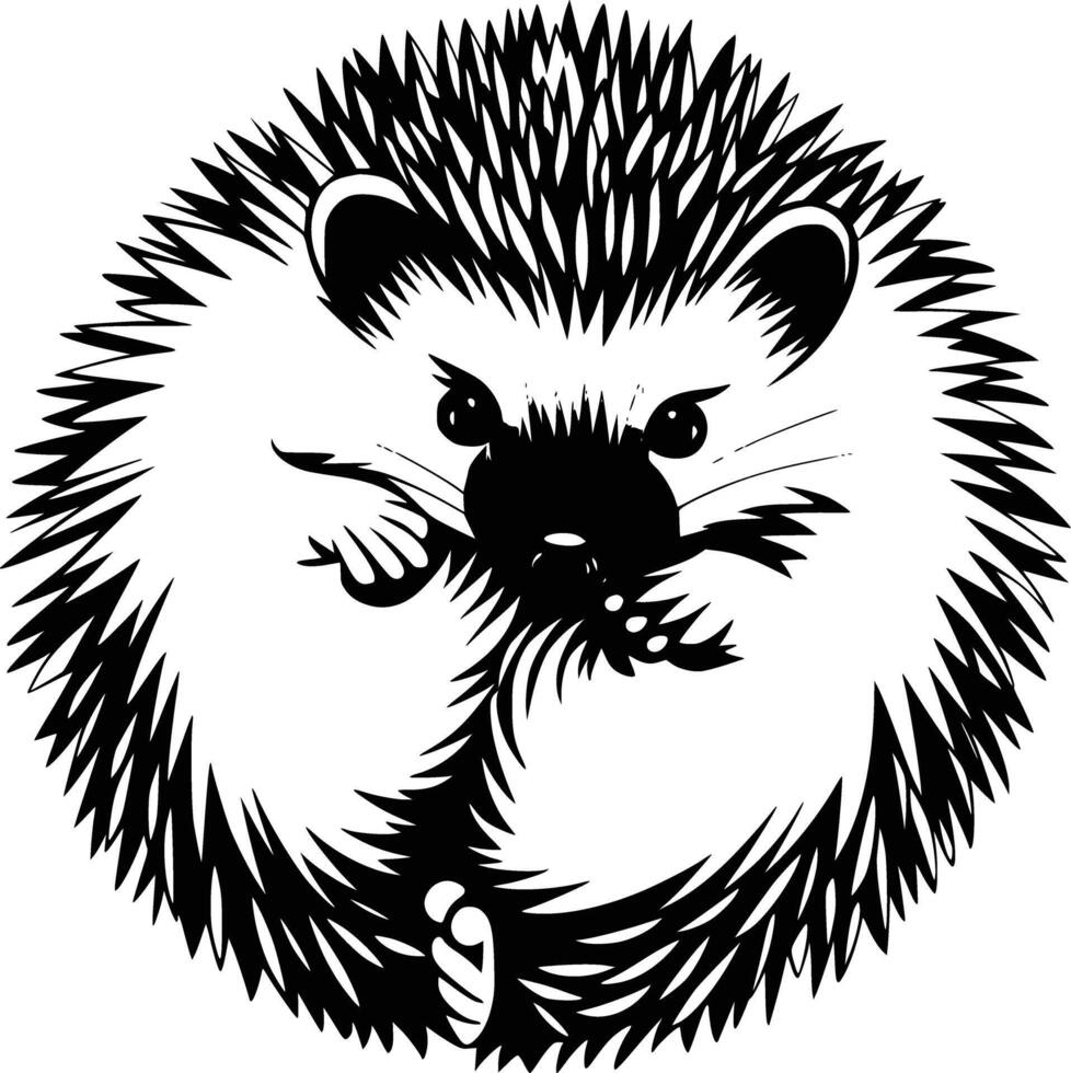 Black and white bold illustrations of a hedgehog curled up, isolated on white background. vector