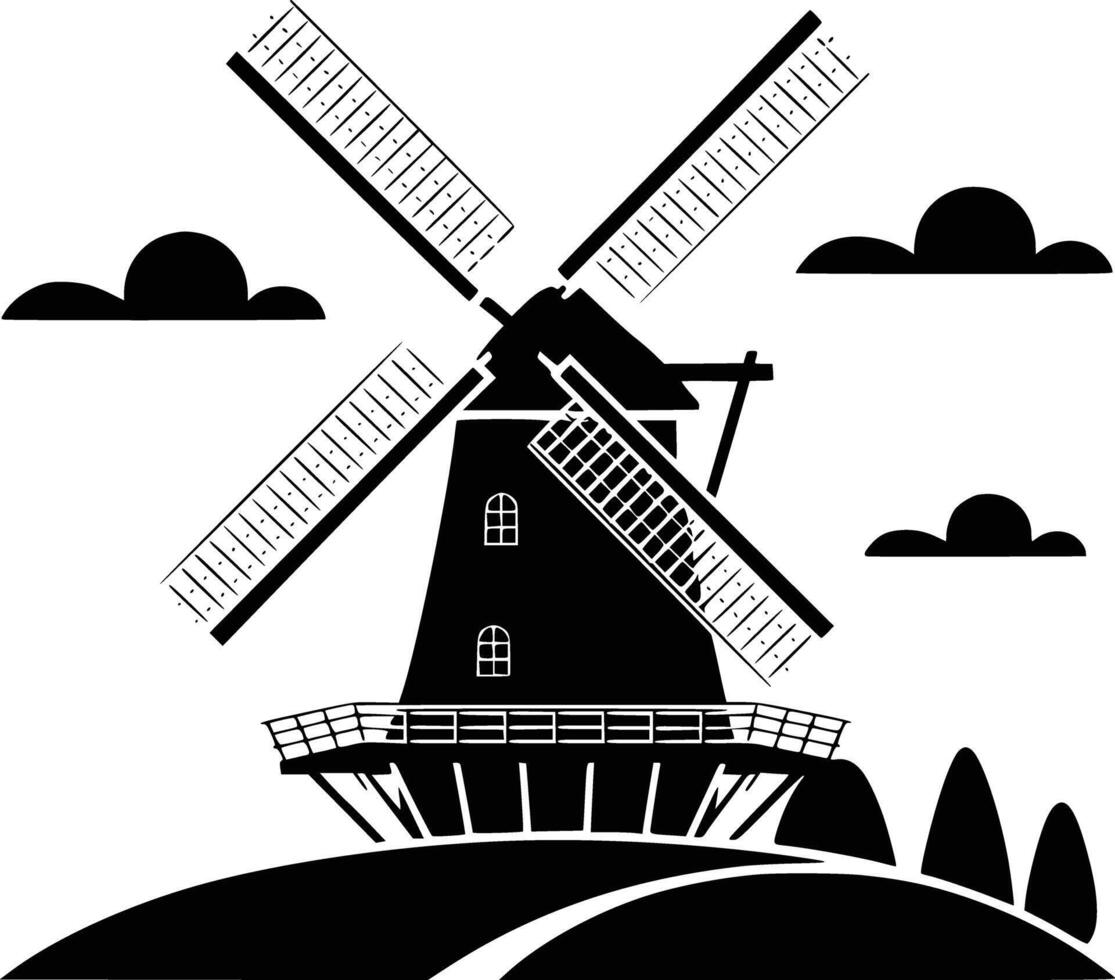 Black and white bold illustrations of a windmill on hill, isolated on white background. vector
